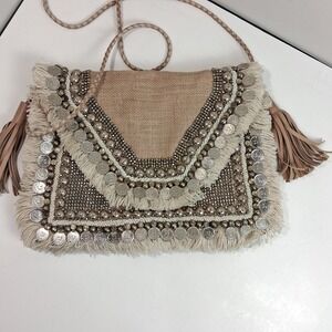 SHASHI Leela Coin Clutch Bag in Natural Beaded Burlap Boho Tribal